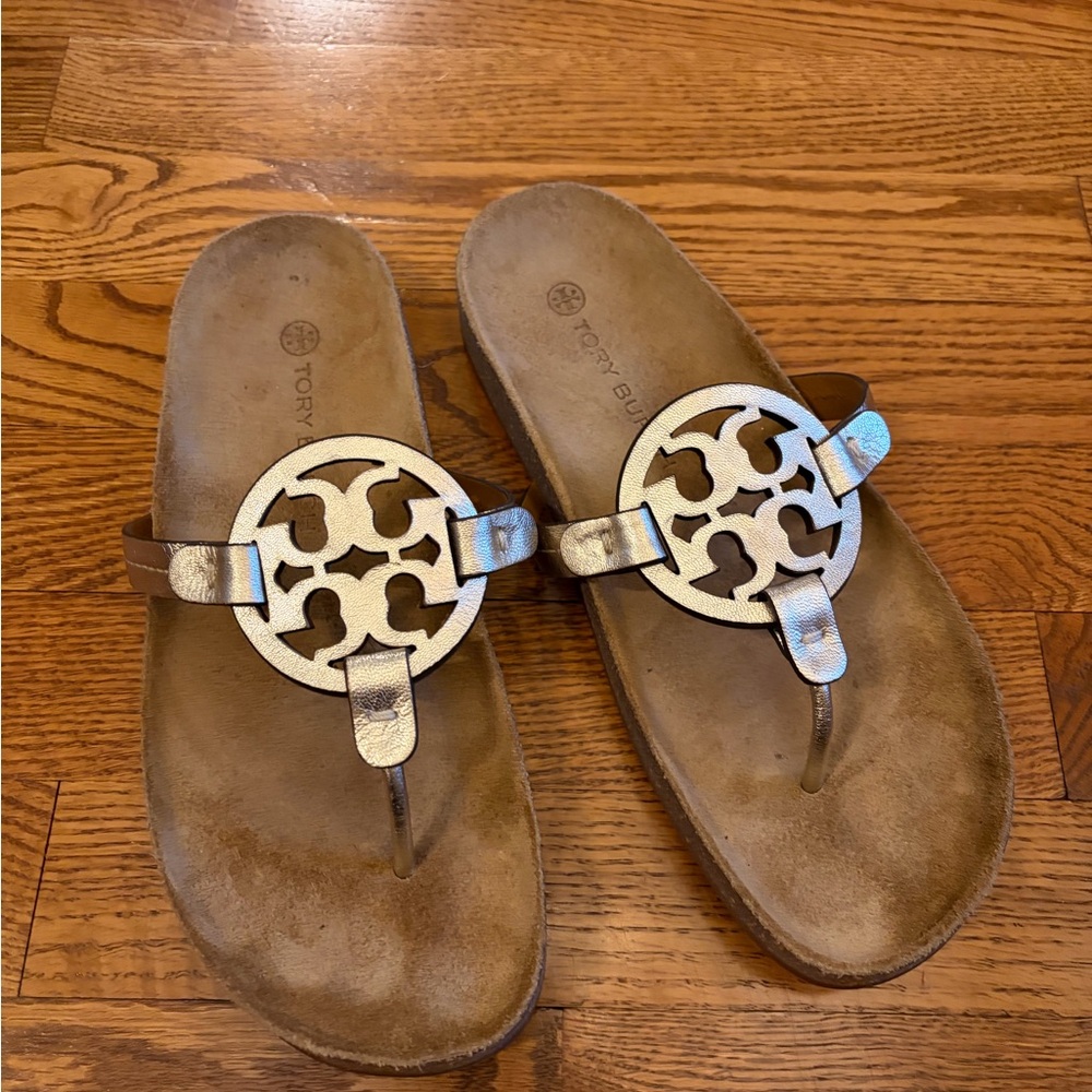 Tory Burch Metallic Gold Logo Thong Sandals